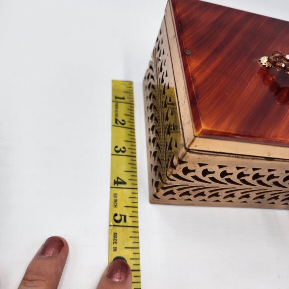 Vintage 1950's Tortoiseshell Amber Color Lucite Brass Filigree Box Purse Beaded - Picture 11 of 13